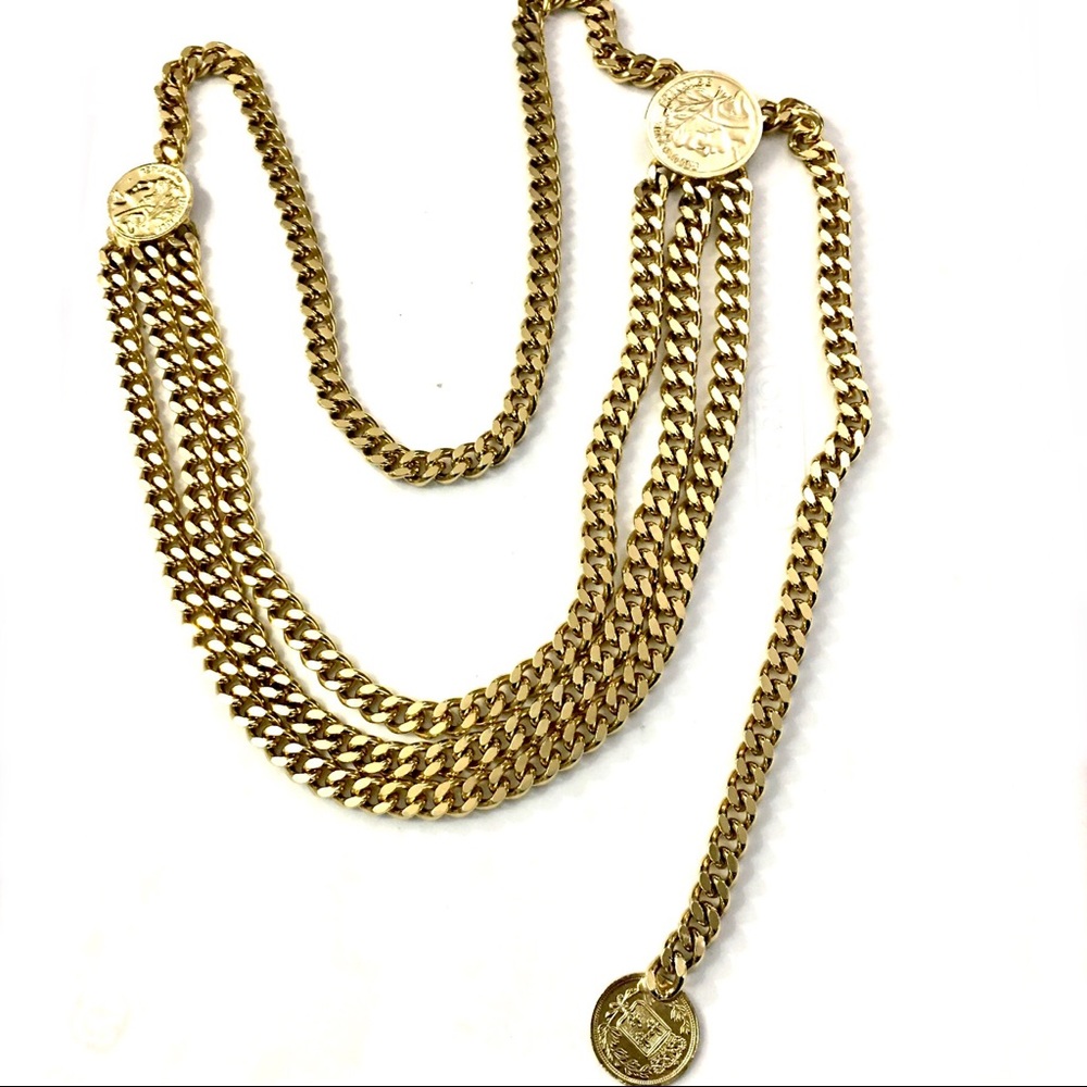 Triple Chain Gold Tone Coin Wrap Belt Necklace